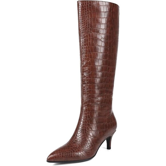 ⚡Women's Brown Stiletto Heel Pointed Toe Faux Crocodile Side Zipper Long Boots - Picture 1 of 7